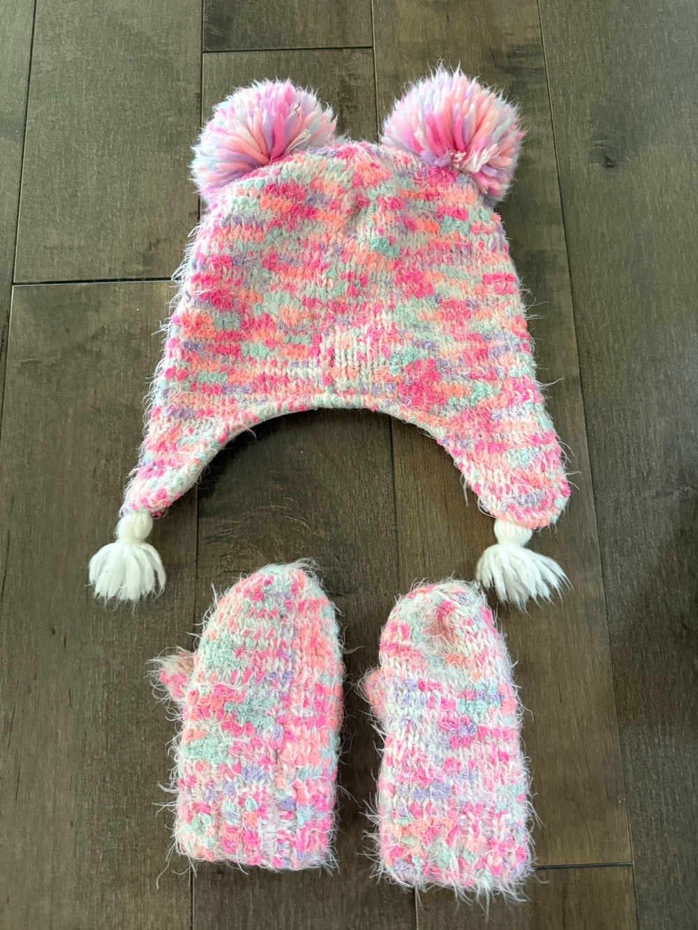 The Children's Place Pink Multicolor Fuzzy Pom Earflap Hat & Mittens
